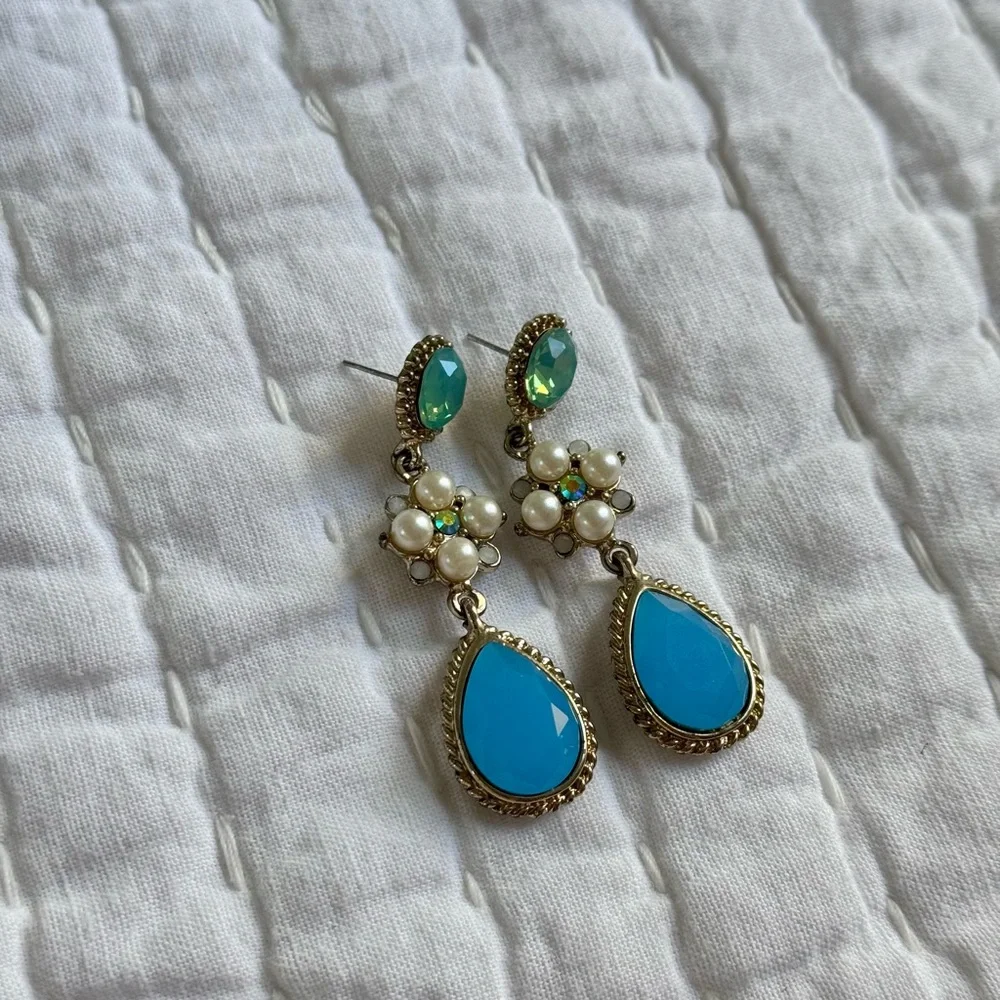 Elegant Blue, Green & Pearl Gold Drop Earrings